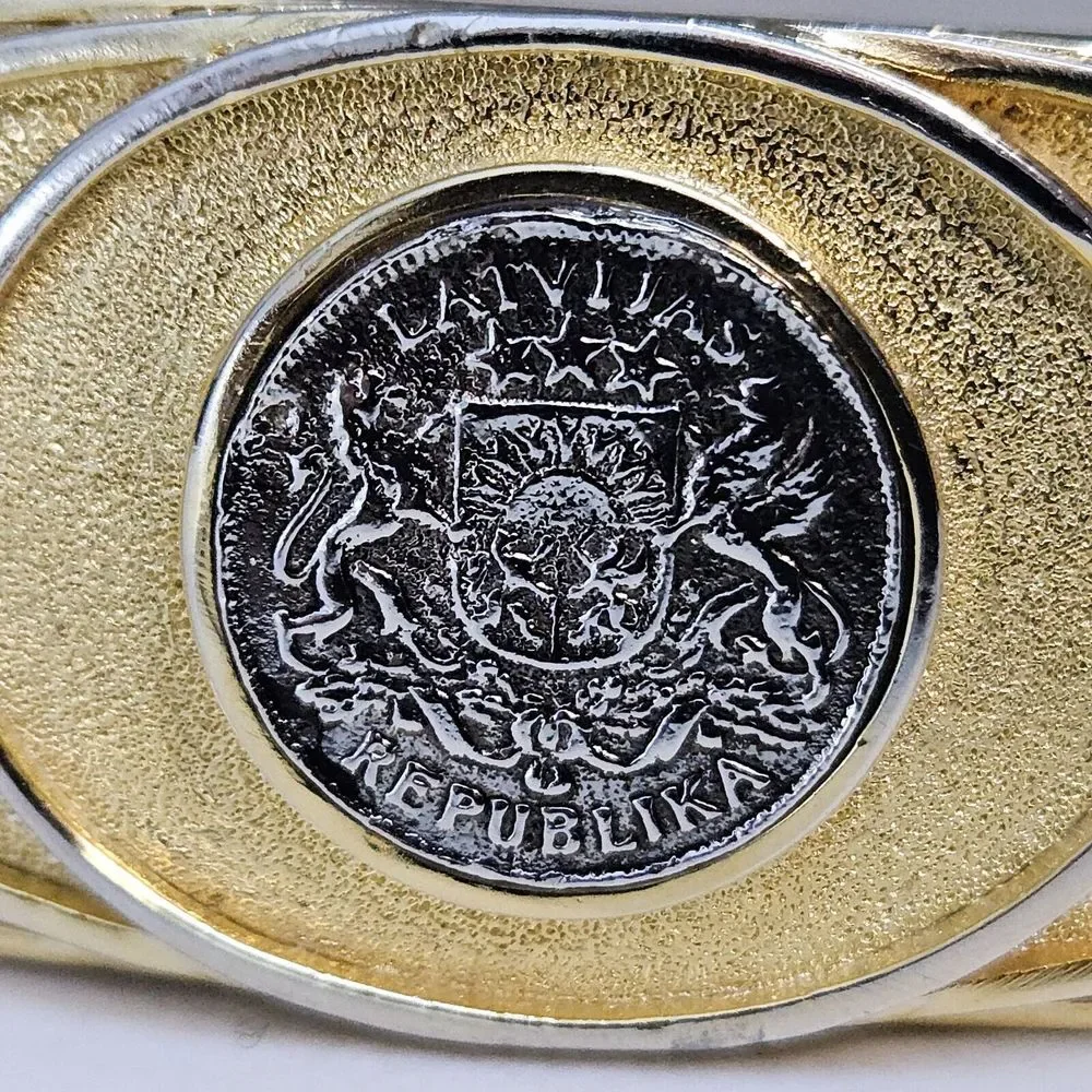 Latvijas‎ Republika 2 Lati 1925 Coin In Gold Tone Medallion Buckle & Brown Belt